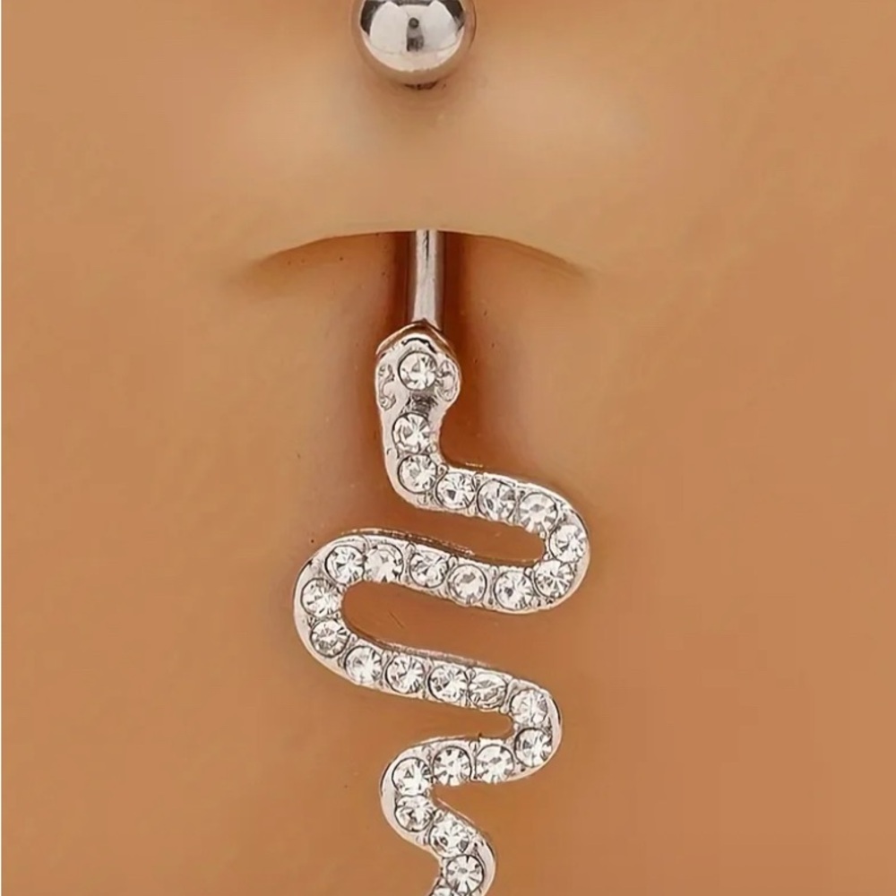 Stylish, Simple Stainless Steel Belly Button Ring With A Snake Design &Zirconias